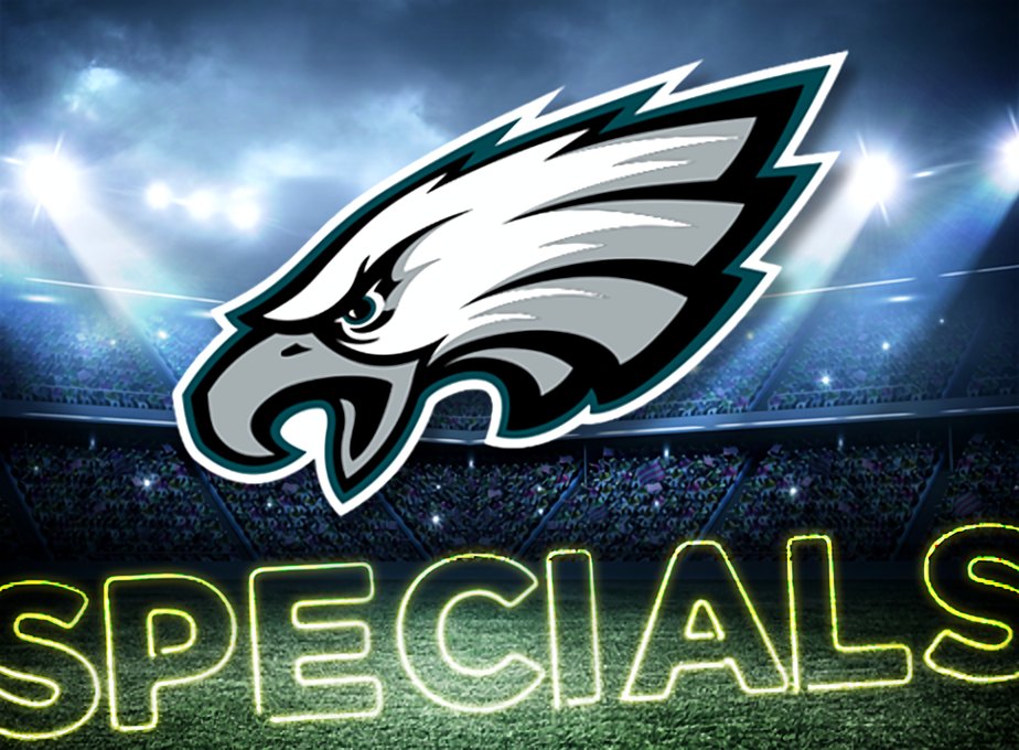 Eagles game-day specials: the Eagles logo over a stadium under the lights