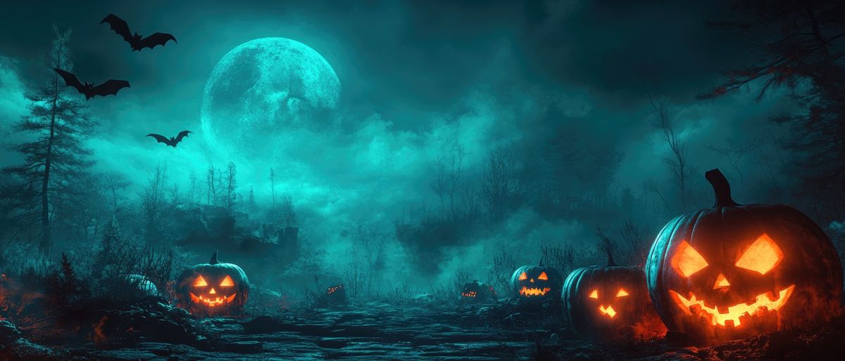 Glowing jack-o’-lanterns in a misty forest beneath a full moon and flying bats