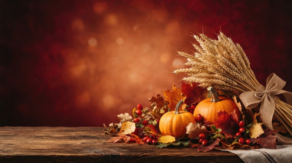 A harvest arrangement of wheat, pumpkins, autumn leaves and berries on a rustic wooden table